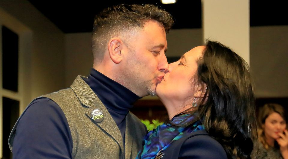 Greens Dept Leader Catherine Martin celebrates with her husband Francis Duffy after she topped the poll in Dublin Rathdown. Photo: Frank McGrath