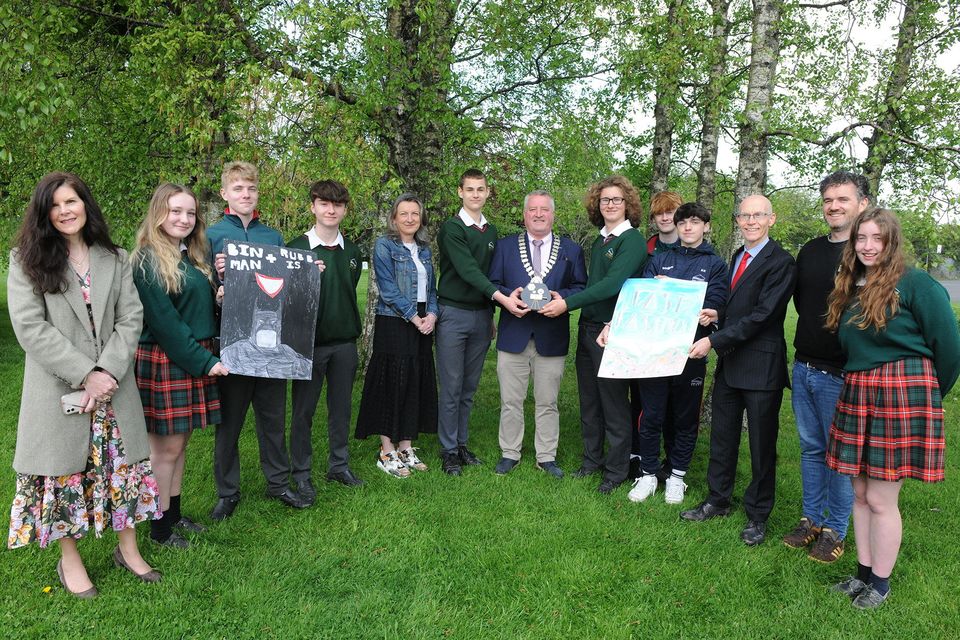 Students from Gorey Community School were awarded the environmental poster award pictured with Cathaoirleach of Gorey Kilmuckridge Municipal District Cllr Donal Kenny, Cliona Connolly (Environment Dept, Wexford County Council), Michael Finn (Principal), Marie O'Grady (TY Co-ordinator) and Justin Cullen (createschools.ie). Pic: Jim Campbell