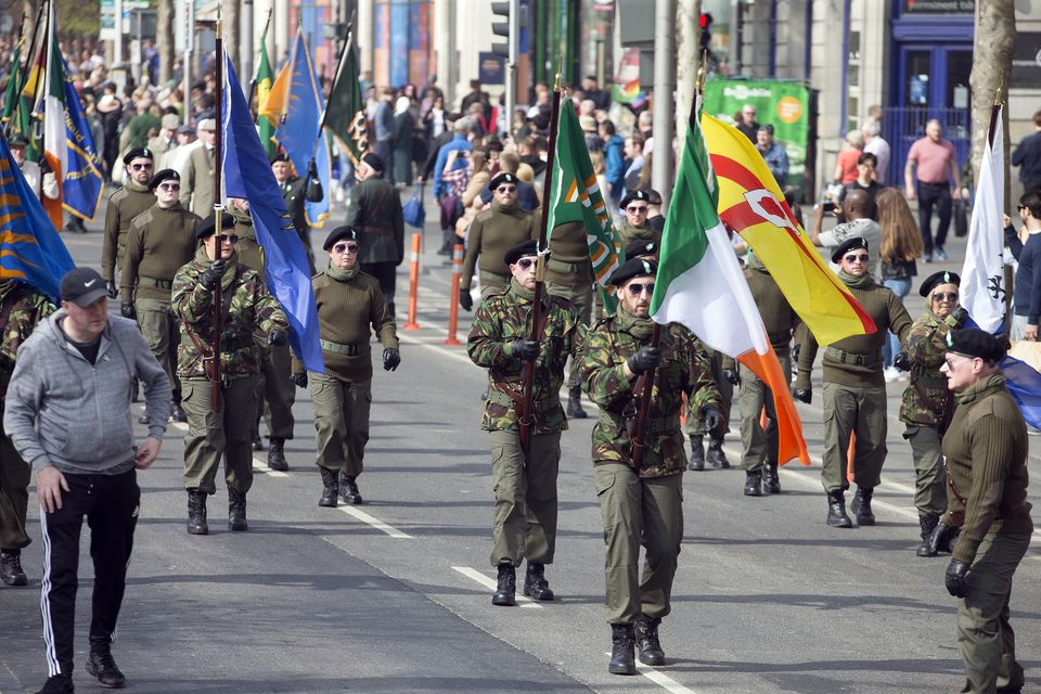 The Colour Party marches along O’Connell Street during the Saoradh Easter Commemoration in Dublin. Photo: Tony Gavin 20/4/2019
