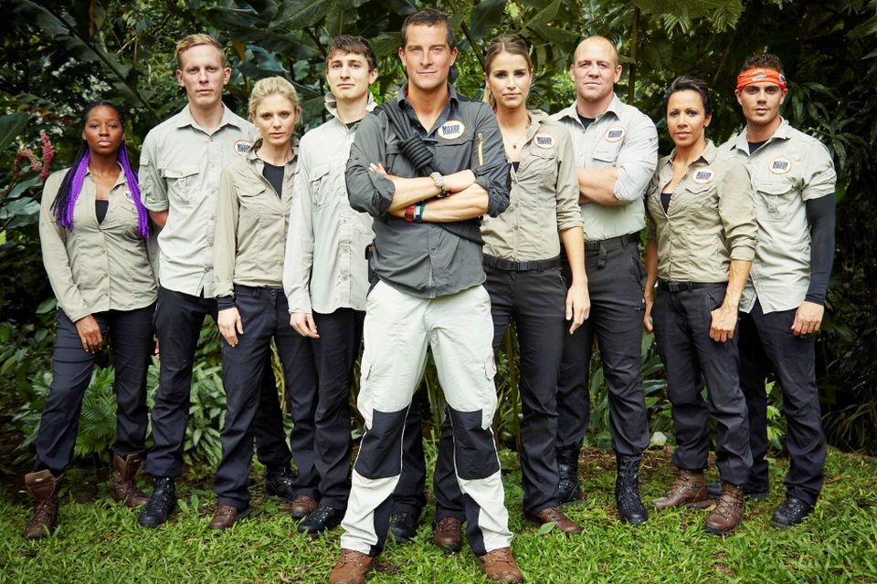 Undated handout photo issued by ITV of  (left to right) Jamelia, Laurence Fox, Emilia Fox, Tom Rosenthal, Bear Grylls, Vogue Williams, Mike Tindall, Dame Kelly Holmes and Max George, in the forthcoming ITV show Bear Grylls' Mission Survive on ITV