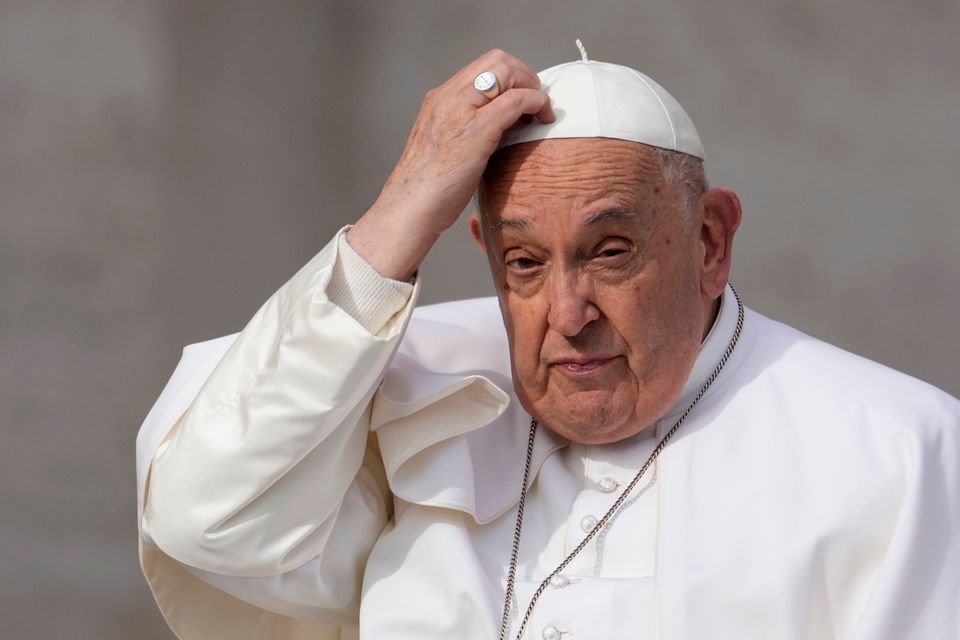 Pope Francis arrives for his weekly general audience in St. Peter's Square in the Vatican, Wednesday, May 8, 2024. (AP Photo/Andrew Medichini)