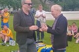 thumbnail: Paddy Harris/Shane Surplus Presentations at People's Park Bray. Timmy Harris makes the presentation to Paddy Harris in honour of his years of service marking pitches