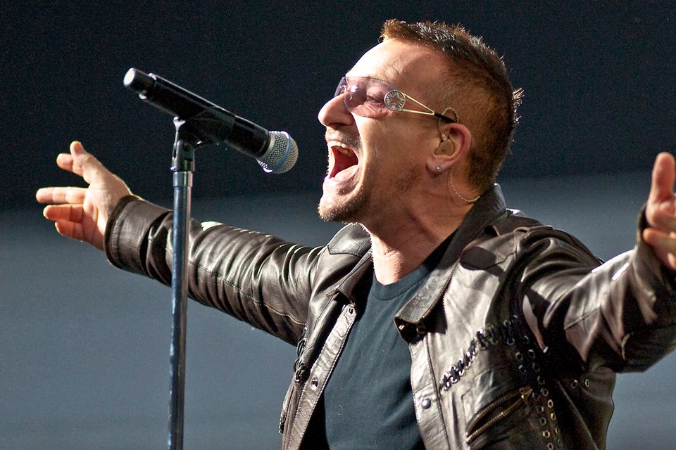 Bono performs on stage for the second night of U2's 360 Degrees World Tour in their home town at Croke Park on July 25, 2009
