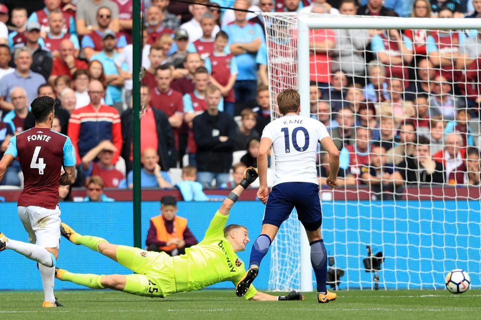 Tottenham striker Harry Kane, right, continued his fine form against West Ham