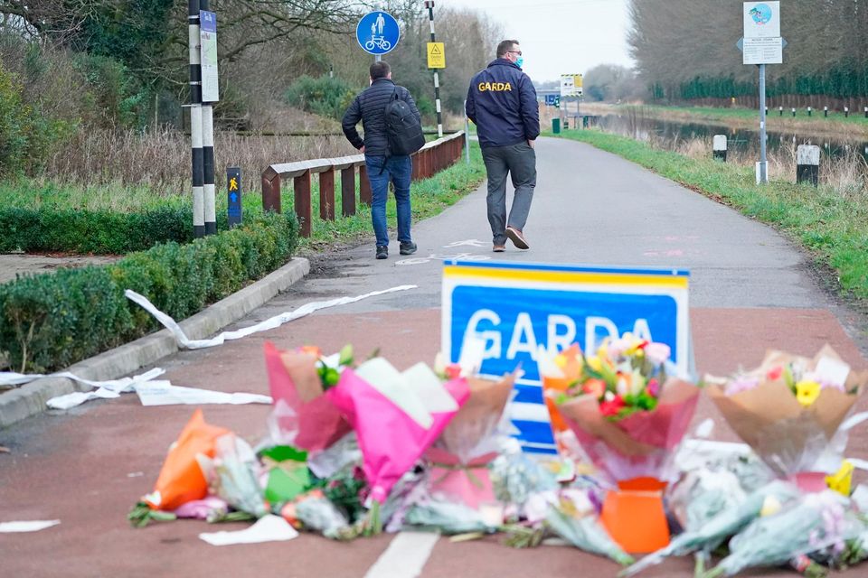 Flowers near to the scene in Tullamore, Co Offaly, after Ashling Murphy (23) was killed on Wednesday afternoon along the banks of the Grand Canal at Cappincur, Co Offaly. Photo: Brian Lawless/PA Wire