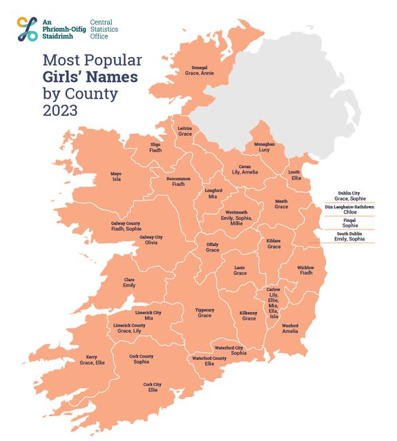 The most popular girls' names by county in 2023. Image: CSO