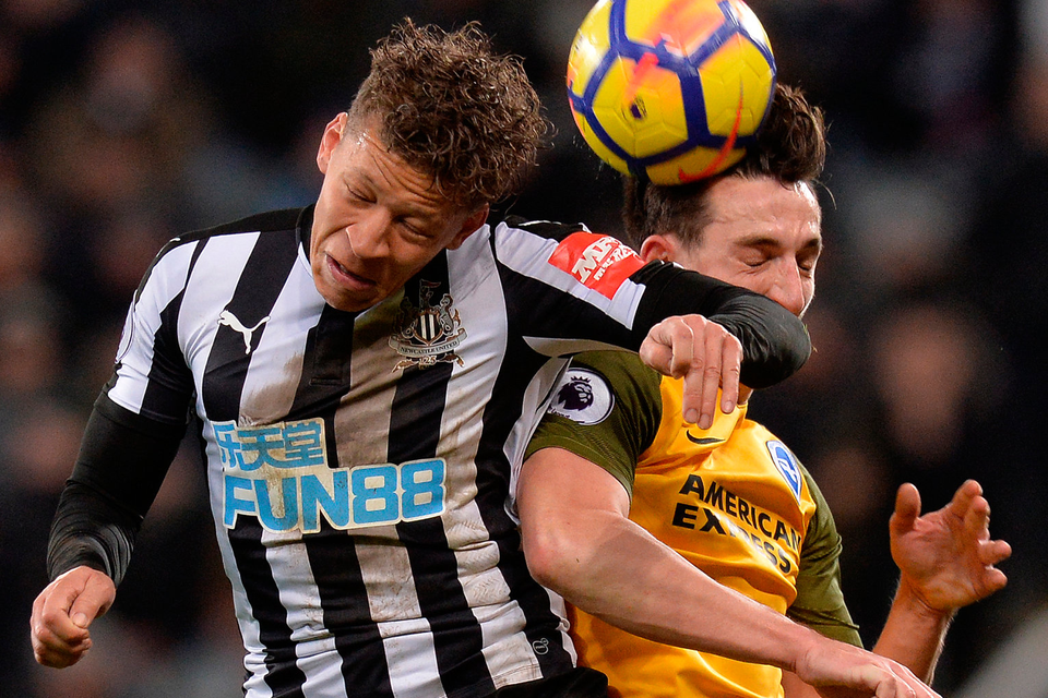 Dwight Gayle of Newcastle United is challenged by Lewis Dunk of Brighton. Photo: Getty Images