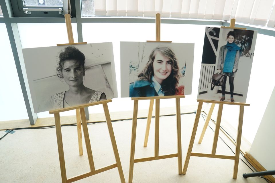 Pictures of Annie McCarrick on display at a press conference at Irishtown garda station, Dublin, during the 2023 investigation. Photo: Getty