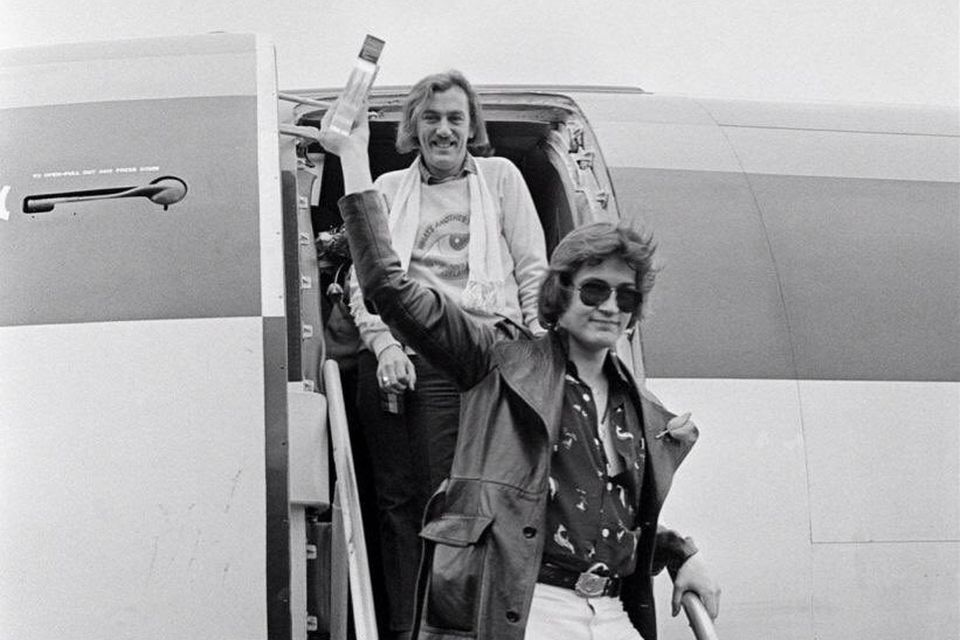 Shay Healy and Johnny Logan arrive home to Dublin victorious after the 1980 Eurovision Song Contest