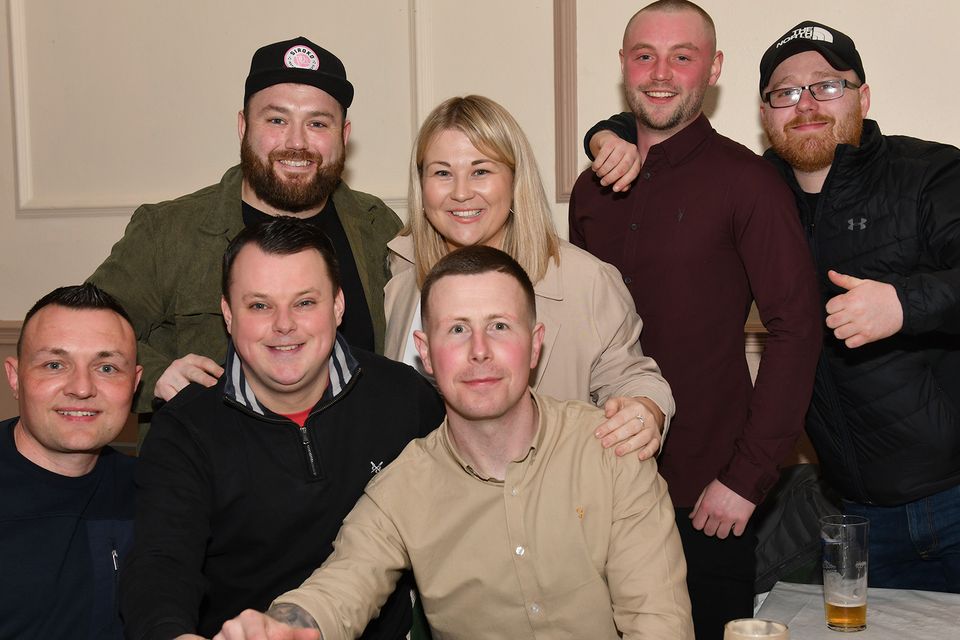 Stephen O'Neill, Matthew Hoey, Ciaran Sheridan, Orla Sheridan, Ciaran Lawless, Ben Hearty and Brian McGee at Jack Connolly and Darren Meehan's joint 30th birthday party held in the Clan na Gaels. Photo: Ken Finegan/www.newspics.ie