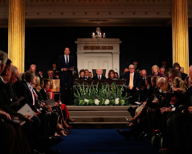 Taoiseach Leo Varadkar speaking at a ceremony at Dublin Castle in which Michael D Higgins will be inaugurated as president for a second term. Photo: Maxwells/PA Wire