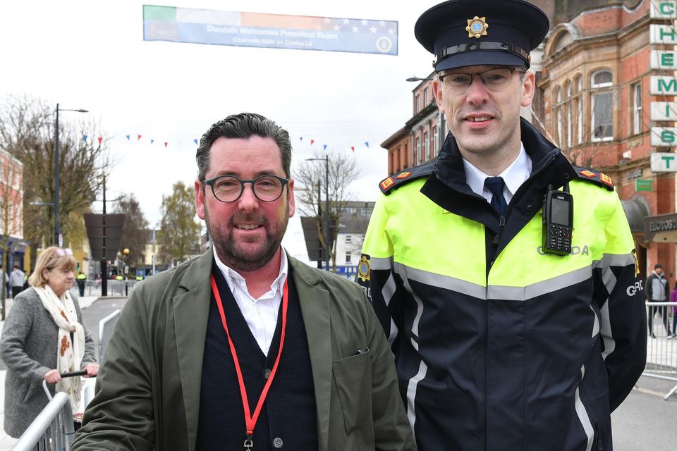 BIDS Manager Martin McElligott with Supt. Charlie Armstrong before the arrival of President Joe Biden to Dundalk. Photo: Ken Finegan/www.newspics.ie