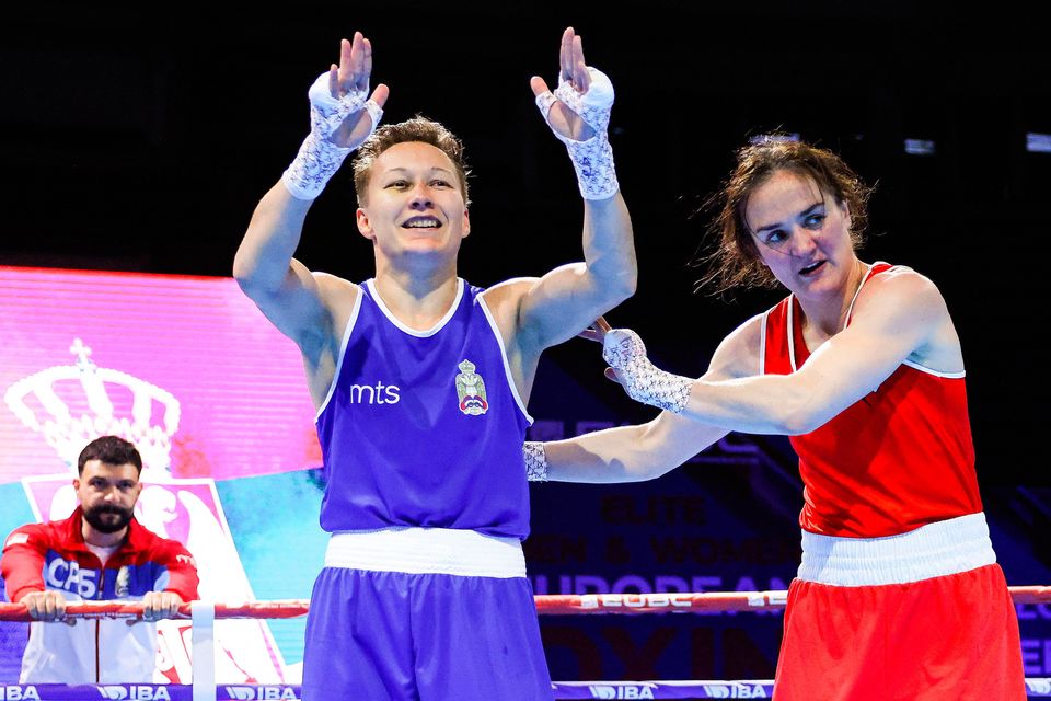 Kellie Harrington, right, looks on as Natalia Shadrina of Serbia is declared victorious in their Women's 60kg Lightweight semi-final bout during the 2024 European Boxing Championships in Belgrade, Serbia. Photo: Nikola Krstic/Sportsfile