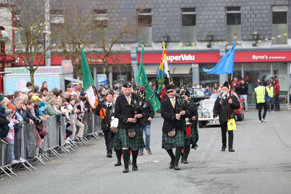 The Parnell Memorial Pipe Band from Rathdrum leads the Hacketstown Easter Parade. Photo: Joe Byrne.