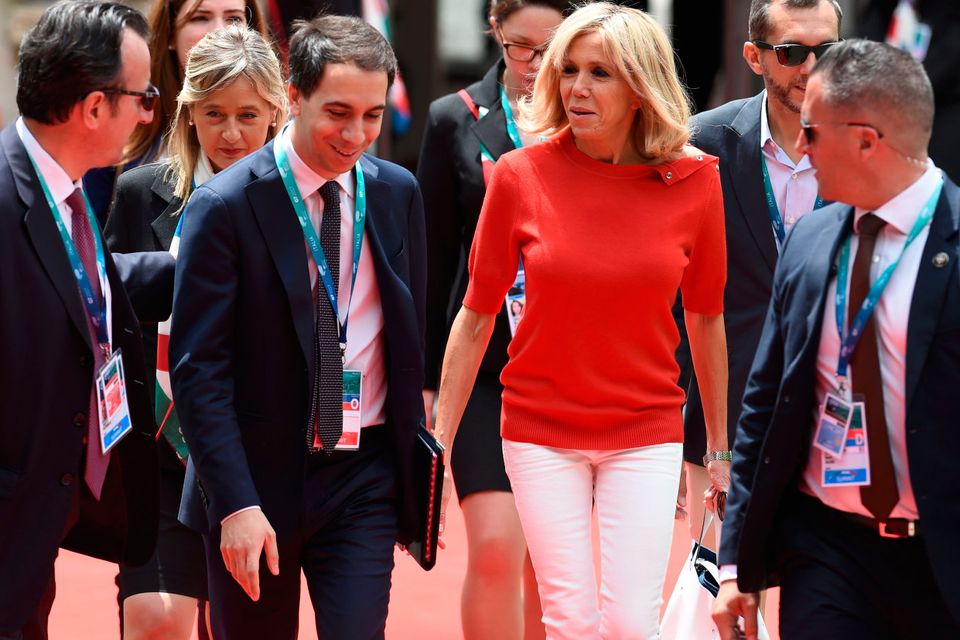 Brigitte Macron, wife of French President, leaves the Hotel San Domenico for an official visit in Catania on the sidelines of the Heads of State and of Government G7 summit, on May 26, 2017 in Taormina, Sicily