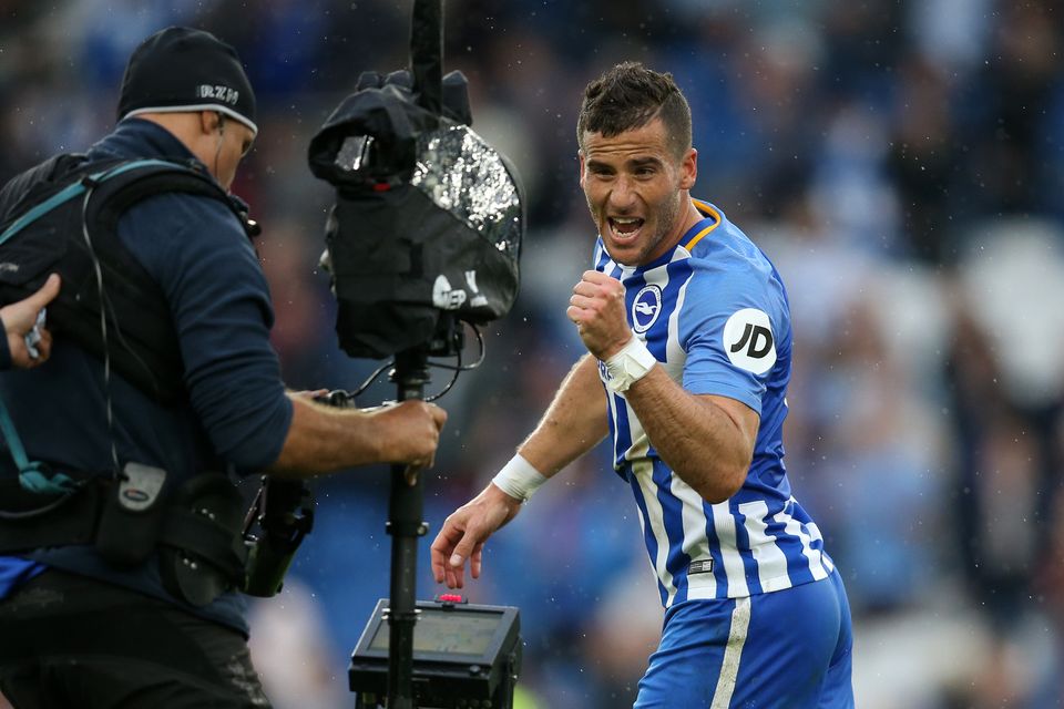 Goalscorer Tomer Hemed of Brighton and Hove Albion celebrates for the television camera after the Premier League match between Brighton and Hove Albion and Newcastle United at Amex Stadium on September 24, 2017 in Brighton, England. (Photo by Catherine Ivill - AMA/Getty Images)