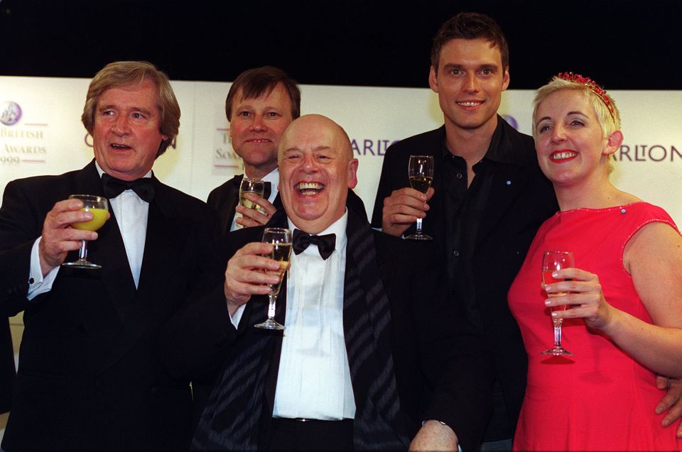 Members of the Coronation Street cast at the British Soap Awards in 1999, from left, Bill Roache, David Neilson, John Savident, Steve Billington and Julie Hesmondhalgh (PA)