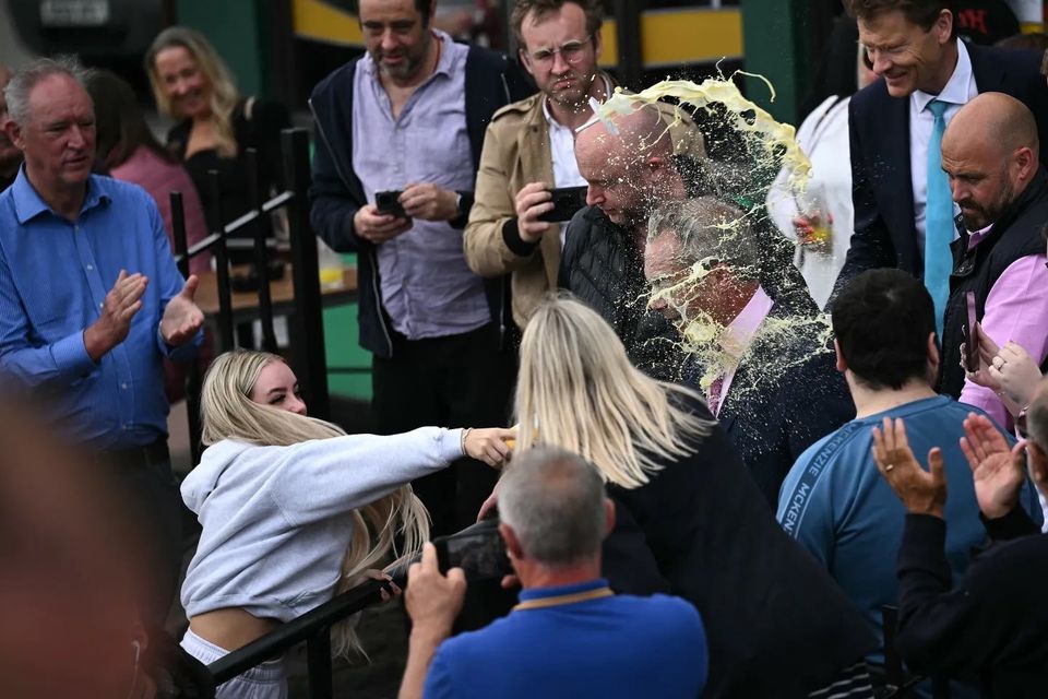 Nigel Farage is hit by a milkshake in Clacton. Photo: Getty