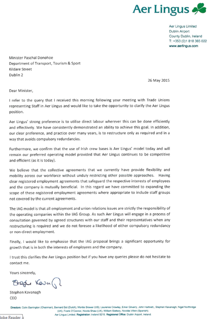 Aer Lingus chief executive Stephen Kavanagh has written to Transport Minister Paschal Donohoe regarding sale to IAG