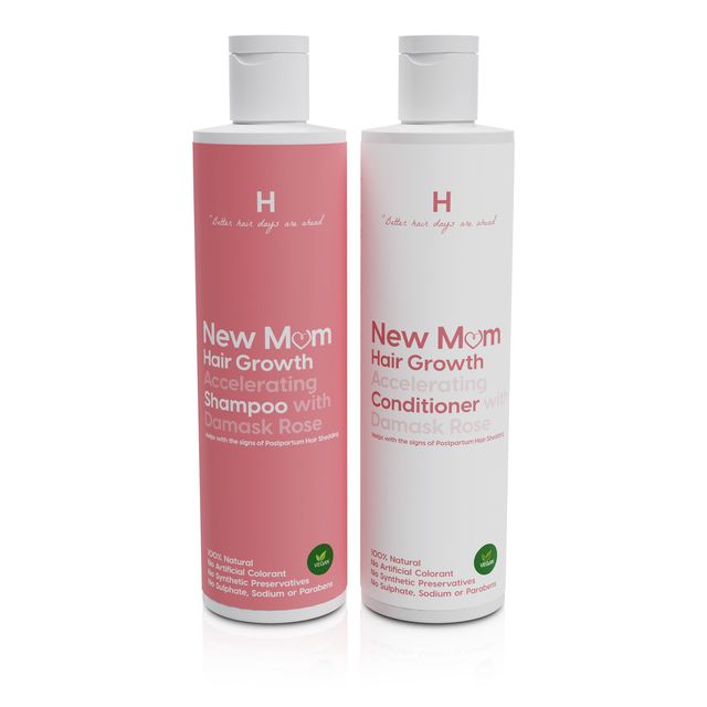 New Mom Hair Growth Accelerating Shampoo and Conditioner with Damask Rose, €33 each, hairhealthessentials.com