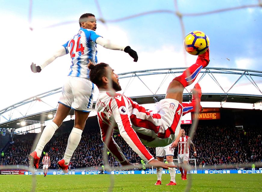 Stoke City's Eric Maxim Choupo-Moting has a shot saved by Huddersfield Town’s Jonas Lossl (not pictured). Photo: REUTERS/David Klein