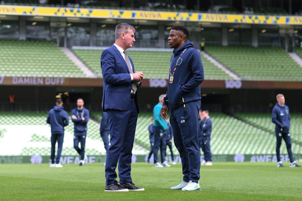 Ireland manager Stephen Kenny and forward Chiedozie Ogbene