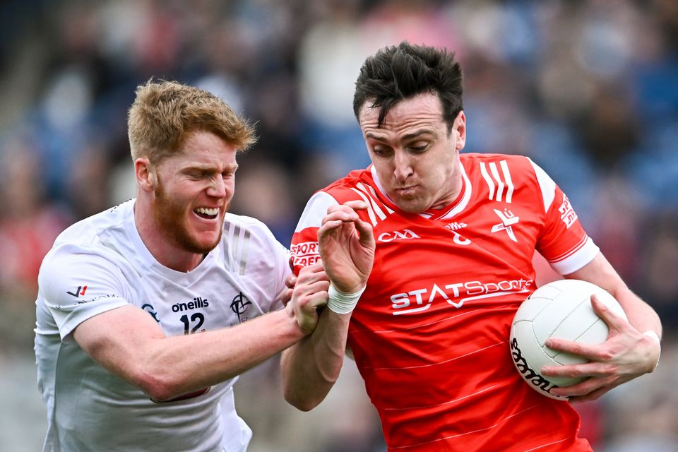 Louth's Tommy Durnin and Shane Farrell of Kildare during Sunday's Leinster SFC semi-final.