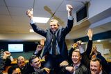 thumbnail: 09/02/2020
Limerick County Fianna Fail TD Niall Collins celebrates with supporters after being elected on the first count at the Limerick Count Centre at Limerick Racecourse.
Pic: Don Moloney