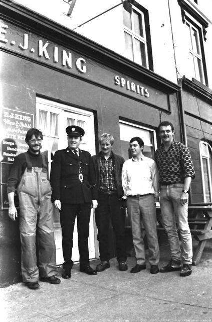 Sean Crowley (left) after his epic Atlantic row in 1988 from Halifax to Mannin Bay, Connemara, in Clifden with Garda Tom Connelly (in uniform), Garda Tom Naughton, publican and businessman Terry Sweeney and fisherman Malachy Glynn. Photo: Peter Vine
