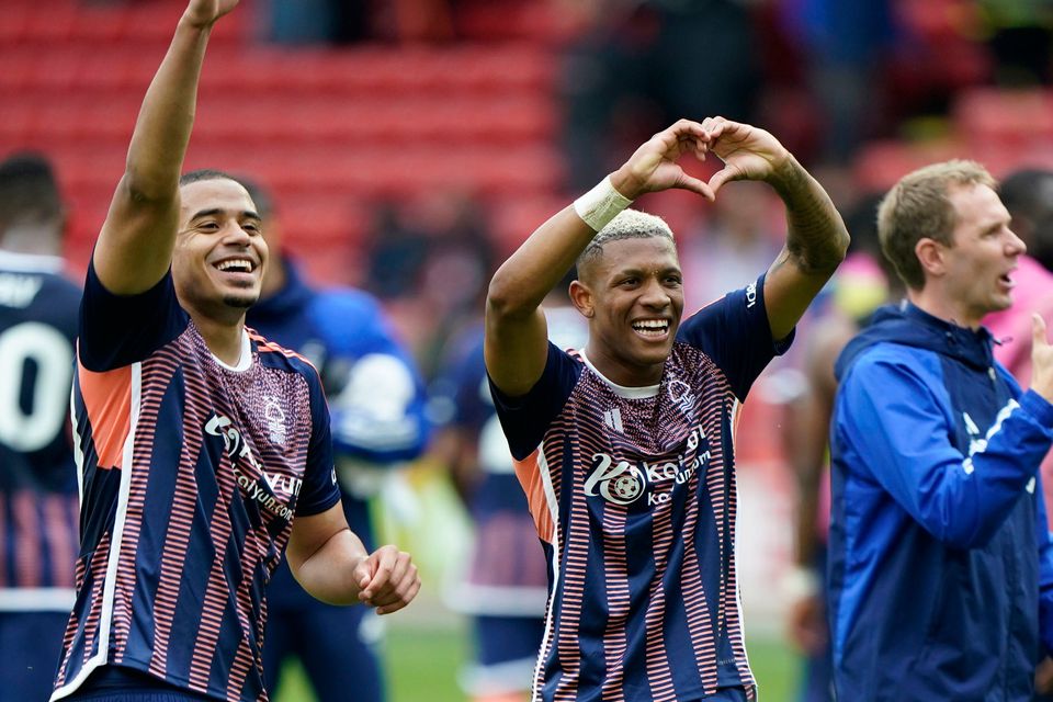 Nottingham Forest's Murillo (left) and Danilo celebrate