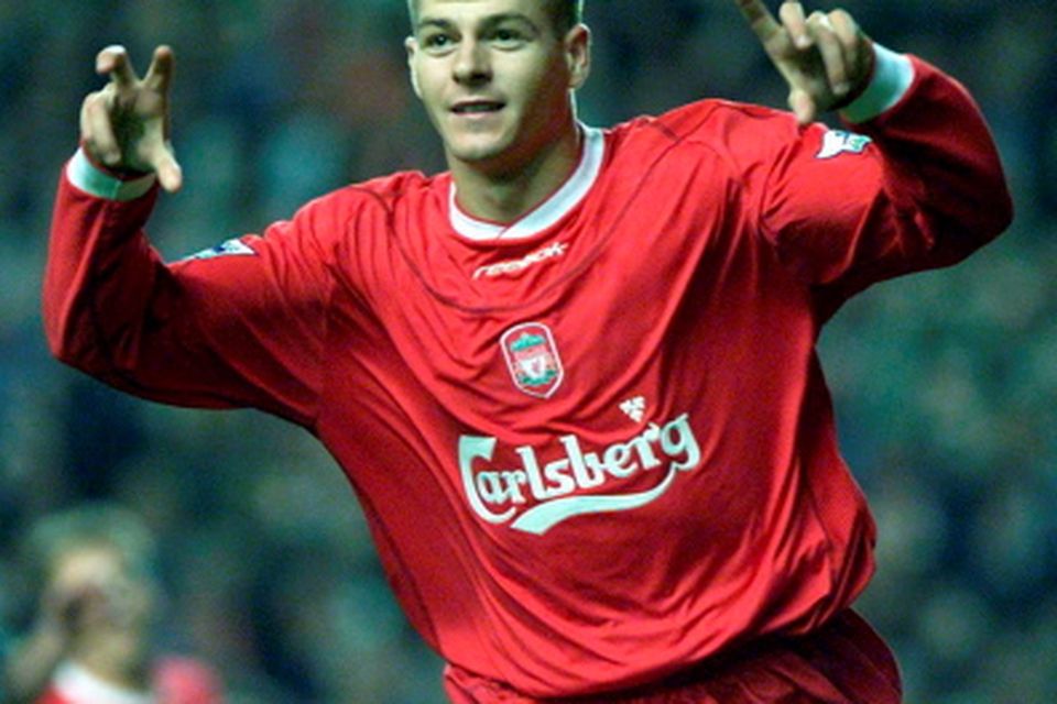 File photo dated 11-09-2002 of Liverpool's Steven Gerrard celebrates his goal against Birmingham during the Barclaycard Premiership game at Anfield. PRESS ASSOCIATION Photo. Issue date: Friday May 15, 2015. Steven Gerrard season by season. See PA story SOCCER Season by Season. Photo credit should read Nick Potts/PA Wire.