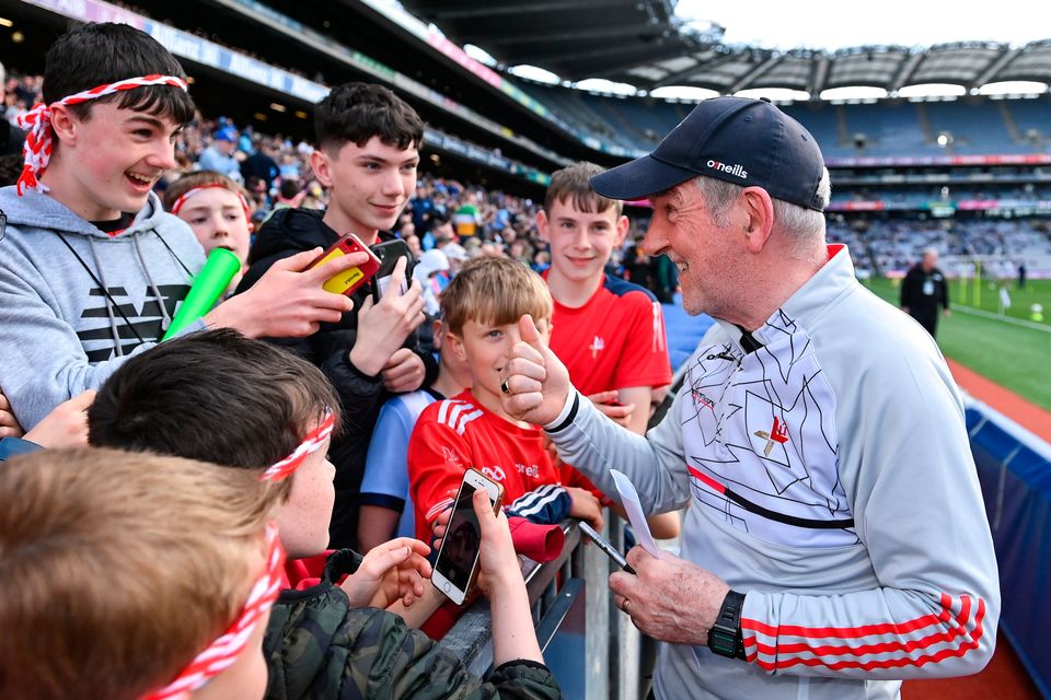 30 April 2023; Louth manager Mickey Harte with supporters after their side's victory in the Leinster GAA Football Senior Championship Semi Final match between Louth and Offaly at Croke Park in Dublin. Photo by Seb Daly/Sportsfile