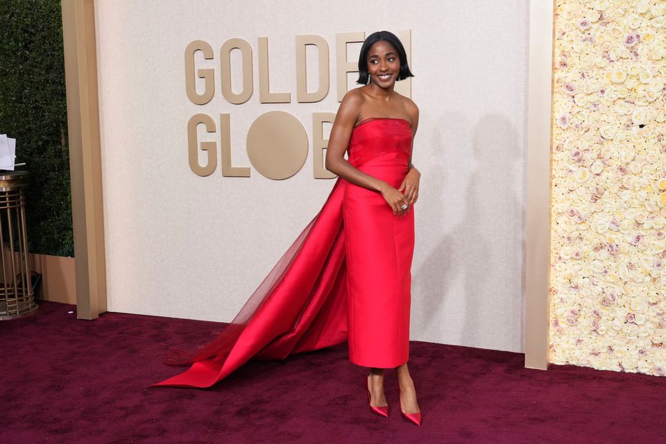 Ayo Edebiri arrives at the 81st Golden Globe Awards on Sunday, Jan. 7, 2024, at the Beverly Hilton in Beverly Hills, Calif. (Photo by Jordan Strauss/Invision/AP)