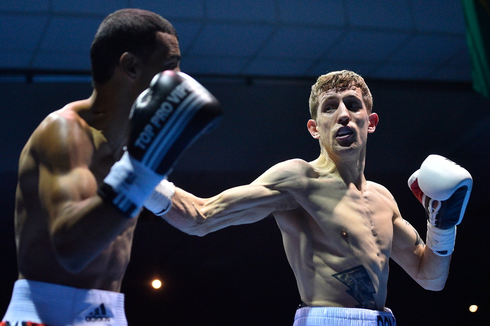 25 February 2017; Eric Donovan, right, in action against Stefan Nicolae during their bout in the National Stadium in Dublin. Photo by Ramsey Cardy/Sportsfile
