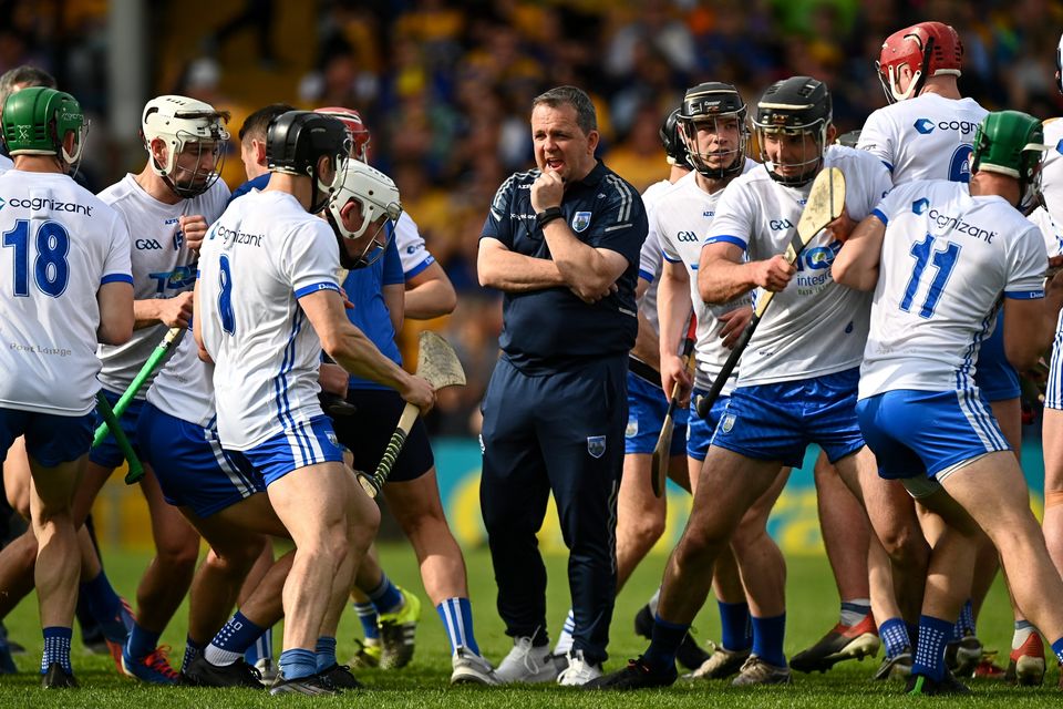 Waterford manager Davy Fitzgerald with his players before the Munster SHC clash against Clare at Semple Stadium in Thurles. Photo: Eóin Noonan/Sportsfile