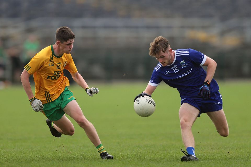 Éire Óg's Joe Prendergast in action against Dunlavin's Cian Deering in a previous game in this year's Senior football championship.