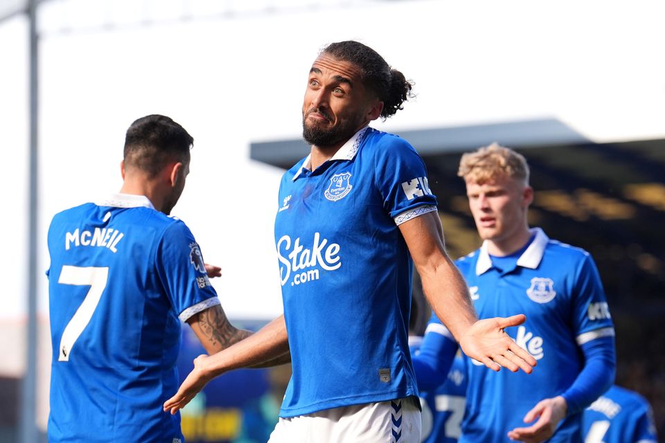 Dominic Calvert-Lewin (centre) celebrates Everton’s winner (Martin Rickett/PA)