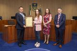 thumbnail: Cathaoirleach of the Wicklow Municipal District Paul O'Brien, CEO of Wicklow County Council Emer O' Gorman and Brian Gleeson present Catherine O' Connor with the Cathaoirleach's Achievements and Contributions to Sport Award at a Civic Reception in Council Buildings, Wicklow town.