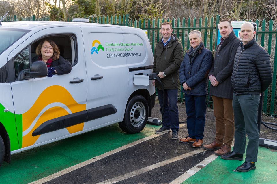 Driving Change in Offaly County Council's Corporate Fleet are Chief Executive Anna Marie Delaney with John McNally, Climate Action Coordinator, Tom Shanahan, Director of Services, John Cunningham Senior Engineer, Housing and Barry Lennon, Senior Engineer Roads, and Infrastructure Department