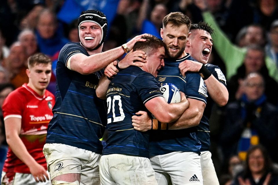 Leinster players celebrate the win over Leicester. Photo by Sam Barnes/Sportsfile