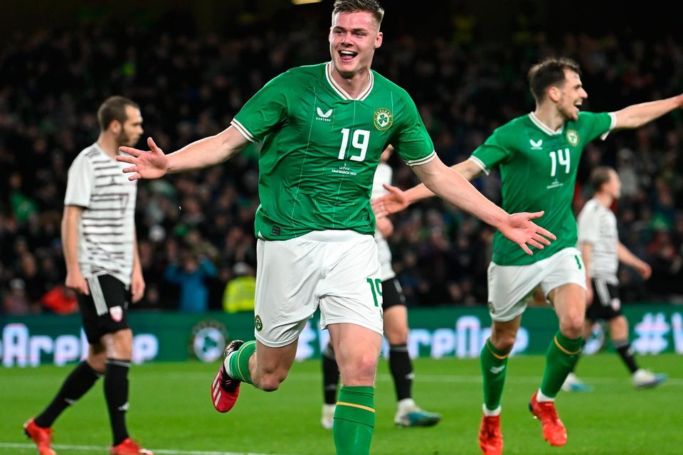 Evan Ferguson celebrates after scoring Ireland's second goal during the international friendly against Latvia. Photo by Stephen McCarthy/Sportsfile