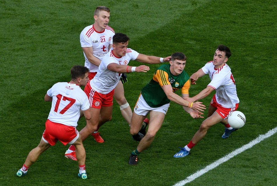 Kerry's Diarmuid O'Connor in action against Tyrone players, from left, Mark Bradley, Ben McDonnell, Michael McKernan, and Darragh Canavan, during the 2021 All-Ireland SFC semi-final