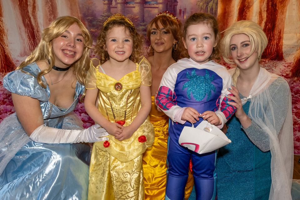 Princesses Nyannah Kaminski Woods and Holly Curtis with Cinderella, Belle and Elsa at the Wicklow Arms, Delgany. Photo: Leigh Anderson