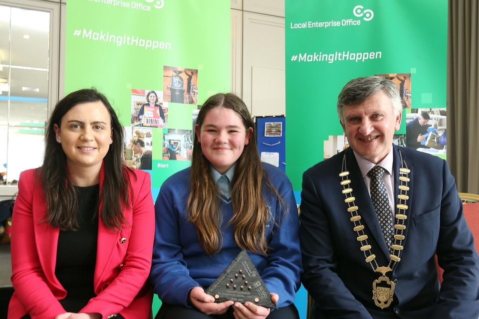 My Entrepreneurial Journey Junior Category Winner - Guildea Designs. Rachel Scanlon (teacher), Alice Guildea and Cathaoirleach of Sligo County Council, Cllr. Michael Clarke.