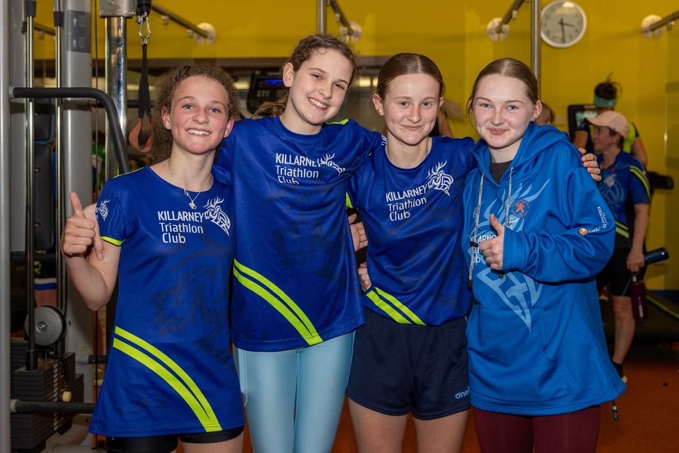Kate O'Donoghue, Sarah Quirke, Mary O'Donoghue and Abbie Fleming taking part in he Killarney Triathlon Club fundraiser in aid of Kerry Stars Special Olympics Club in the Killarney Sports and Leisure Centre on Saturday. Photo by Tatyana McGough.