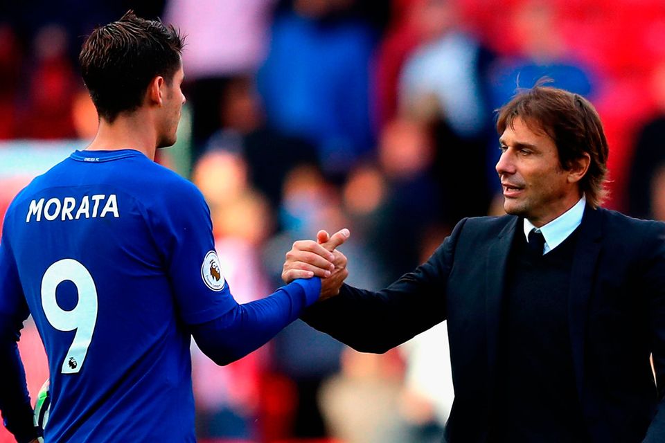 STOKE ON TRENT, ENGLAND - SEPTEMBER 23:  Alvaro Morata of Chelsea is congratulated his team's 4-0 victory and his hat trick by manager Antonio Conte after the Premier League match between Stoke City and Chelsea at Bet365 Stadium on September 23, 2017 in Stoke on Trent, England.  (Photo by Richard Heathcote/Getty Images)