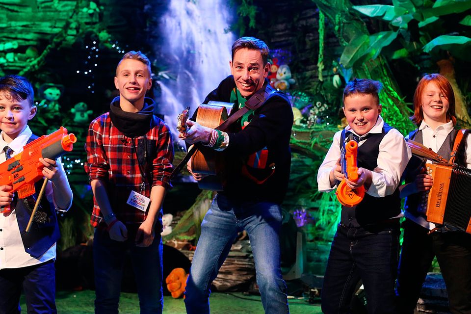 The Late Late Toy Show host Ryan Tubridy fooling around on the new jungle set with from left, Fionn Mc Mahon (8), Bernard Lawrence (12) Seanaí Mc Mahon (10)  and Aron Moore (11)
Pic Steve Humphreys