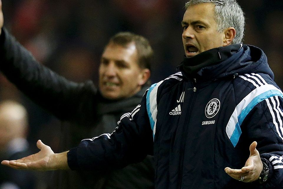 Chelsea's manager Jose Mourinho reacts during their English League Cup semi-final first leg soccer match against Liverpool at Anfield