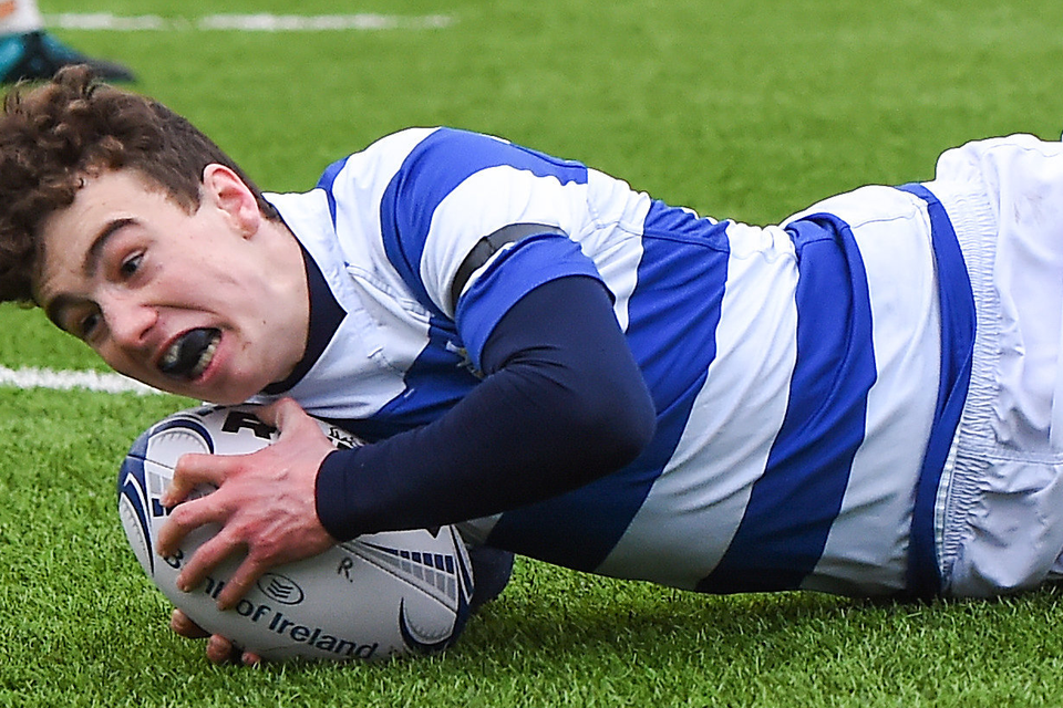 Michael Lowey scores the Blackrock College try during the Bank of Ireland Leinster Schools Junior Cup Final. Photo: Matt Browne/Sportsfile