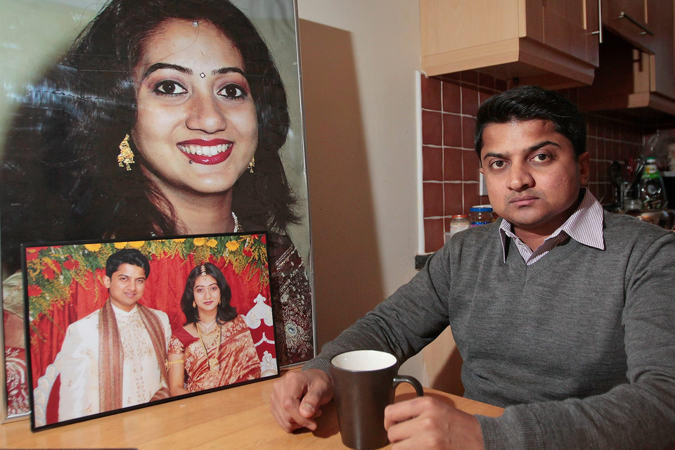 Savita Halappanavar’s husband Praveen sits with a photograph of his wife at a friend’s house in Galway.